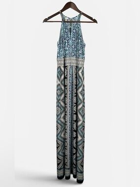 London Times Blue & Teal Print Halter Maxi Dress